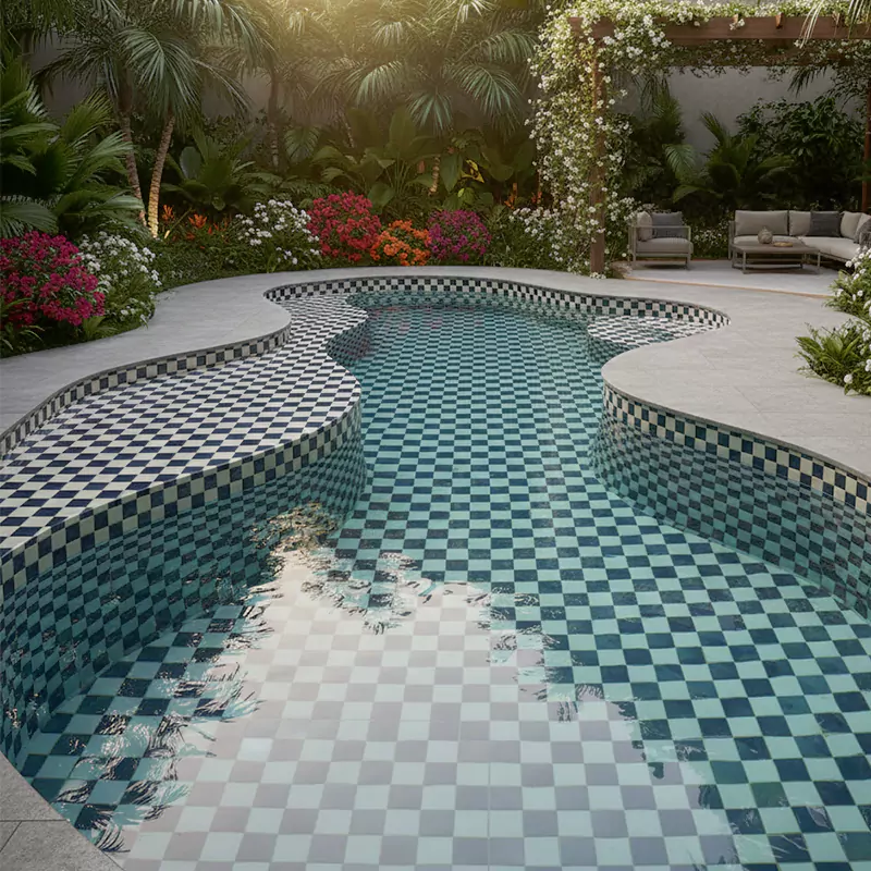 کاشی استخری ایلدیز برند میراک طرح شطرنجی سفید آبی سایز 2/5*2/5